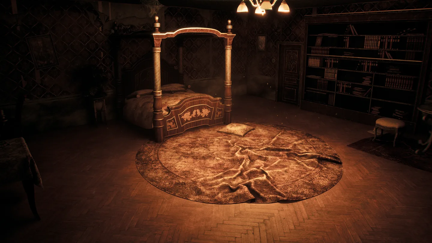 An eerie bedroom with an ornate bed inside the estate